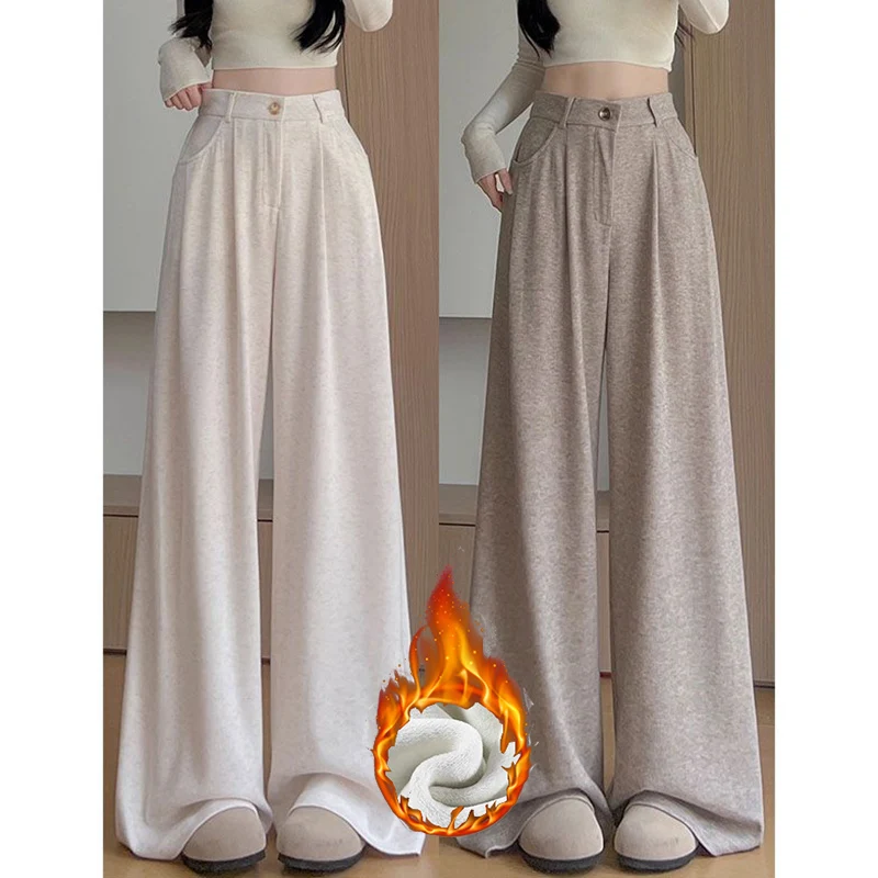 Winter Damen Einfarbige Fleece-Hose Mädchen Klassische Hochgeschnittene Warme Plüschhose Frauen Modische Thermohose