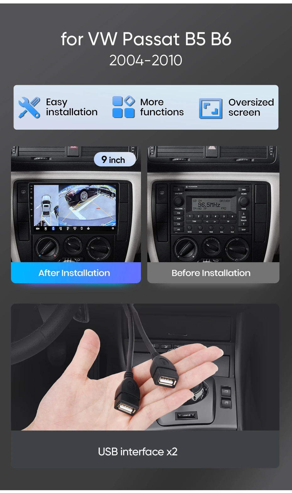 Junsun Autoradio für VW Volkswagen Passat B5 B6 2004 - 2010 CarPlay Android Auto FM RDS DSP BT GPS Navi SWC HD IPS Touchscreen Plug & Play Multimedia-Player Freisprecheinrichtung Original-Autostil-Haupteinheit – Detail 2