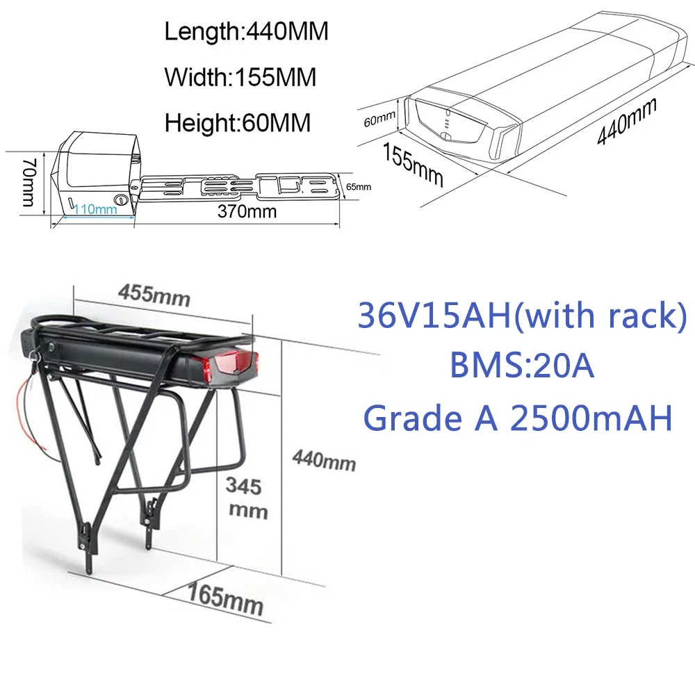 36V21AH Achterdrager E-bike Accu 52V 30Ah Lithium Batterij 18650 21700 48V 14Ah voor Elektrische Fiets 250W 350W 500W 750W 1000W