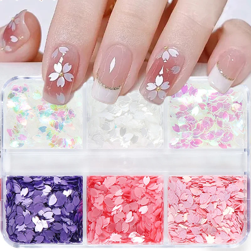 6 grades sakura flor prego lantejoulas flor de cerejeira pétala glitter adesivos primavera holográfica arte do prego flocos manicure decorações