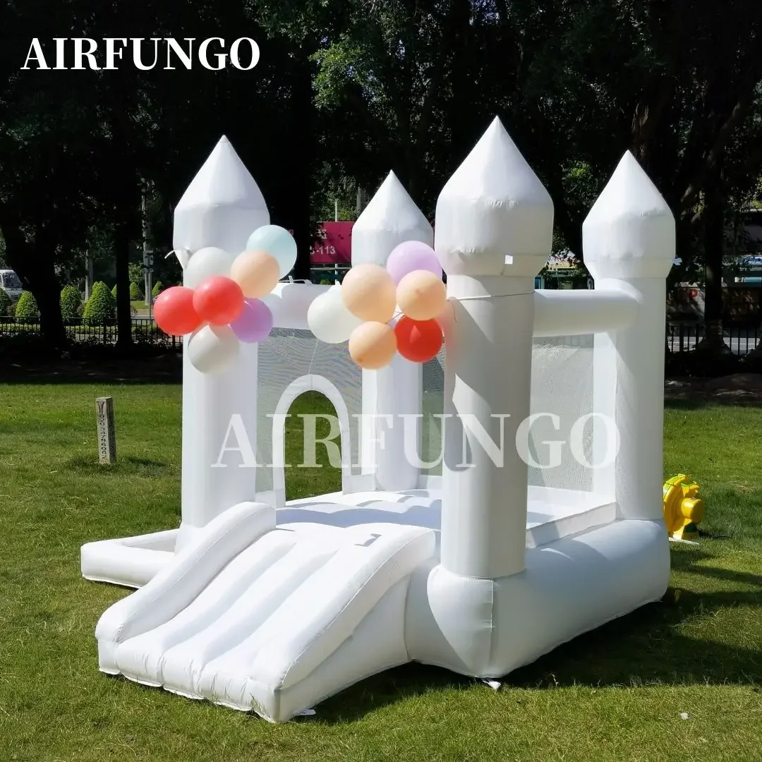 Casa inflable de rebote blanca para fiesta de niños, 9x9x7 pies, con tobogán y piscina de bolas, personalización, castillo inflable Oxford, incluye soplador