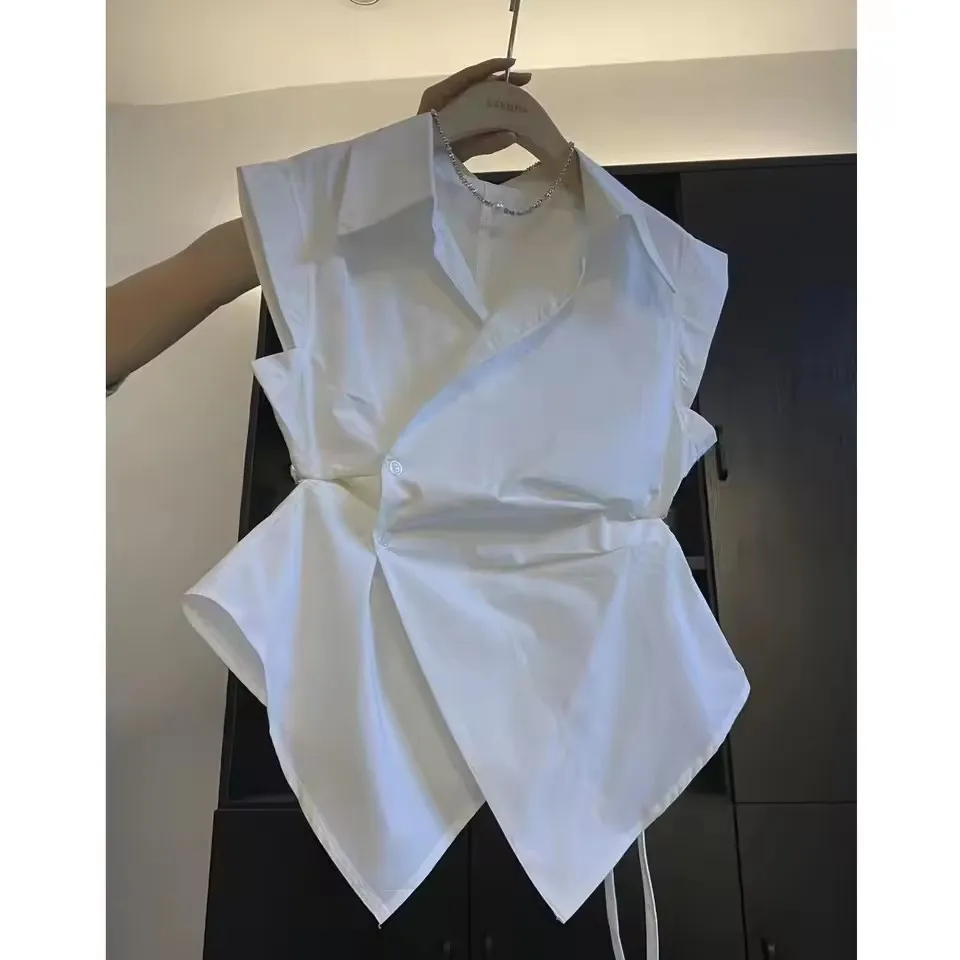 Chemise française plissée de couleur unie, col POLO irrégulier, taille sans manches, pour femmes, nouveau haut polyvalent d'été pour dames