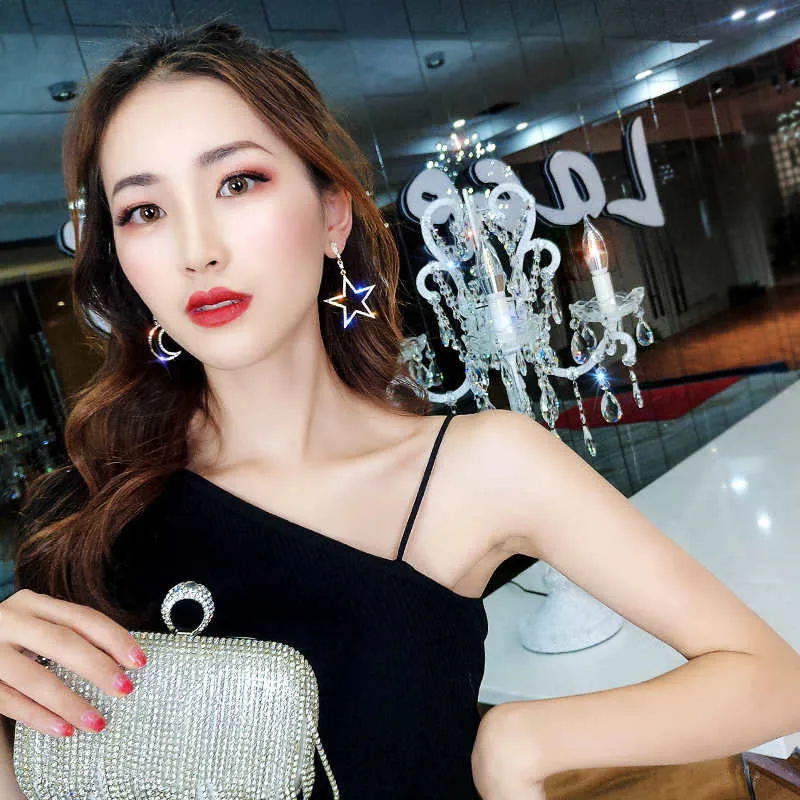 Crystal Long Drop Earrings Star Moon Earring personality Asymmetric Earrings Korean Version Exquisite Jewelry Gifts
