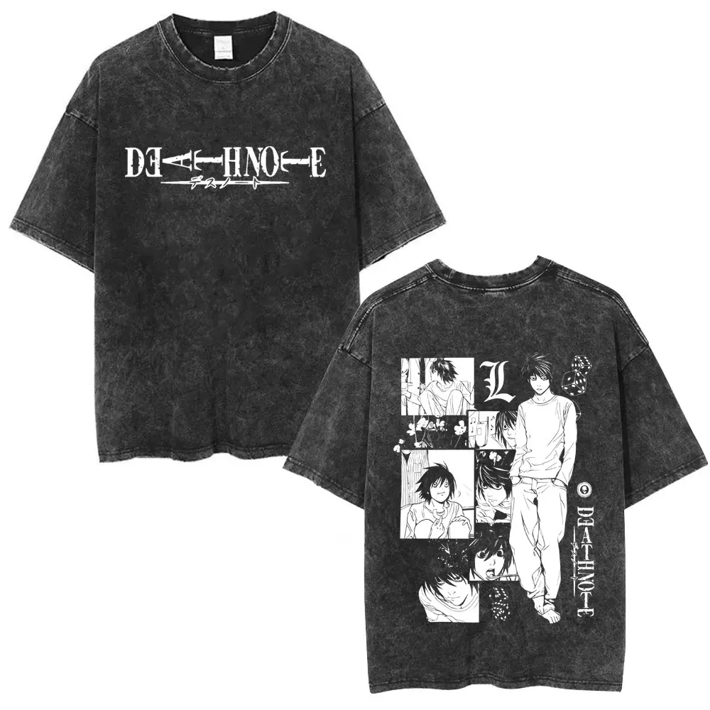 Washed Vintage Anime Death Note Ryuk Double Sided Print T Shirts Men Women Fashion Cartoon Street Oversized Crewneck T-shirts