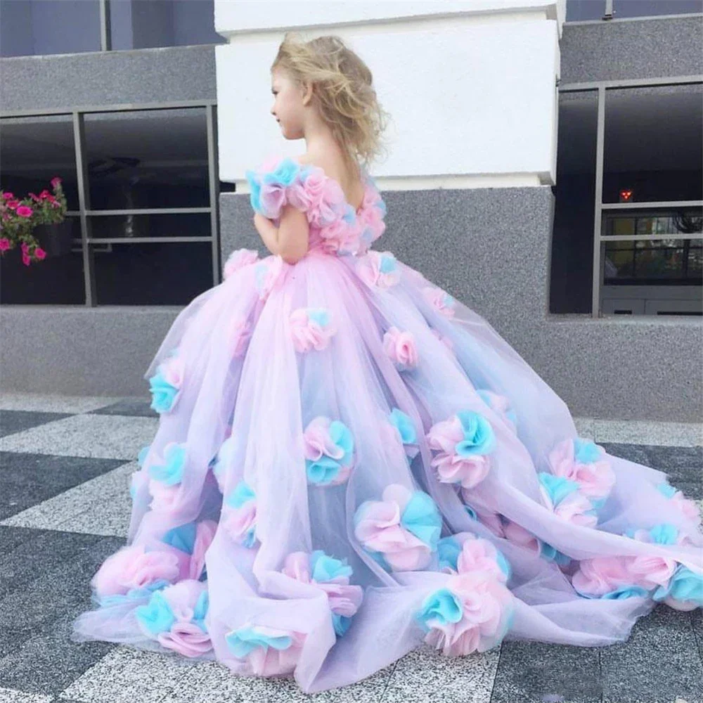 Girls Princess Dress Floral Applique Tulle Ball Gown Off Shoulder Puff Sleeve Formal Party Dress Kids Pageant Costume
