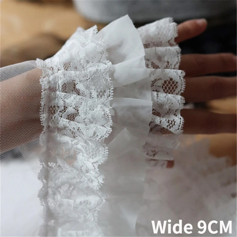 9CM Wide Three Layers Pleated Chiffon Fabric Needlework Fringed Ribbon Ruffles Trim Wedding Dress Hemlines Curtain Sewing Decor