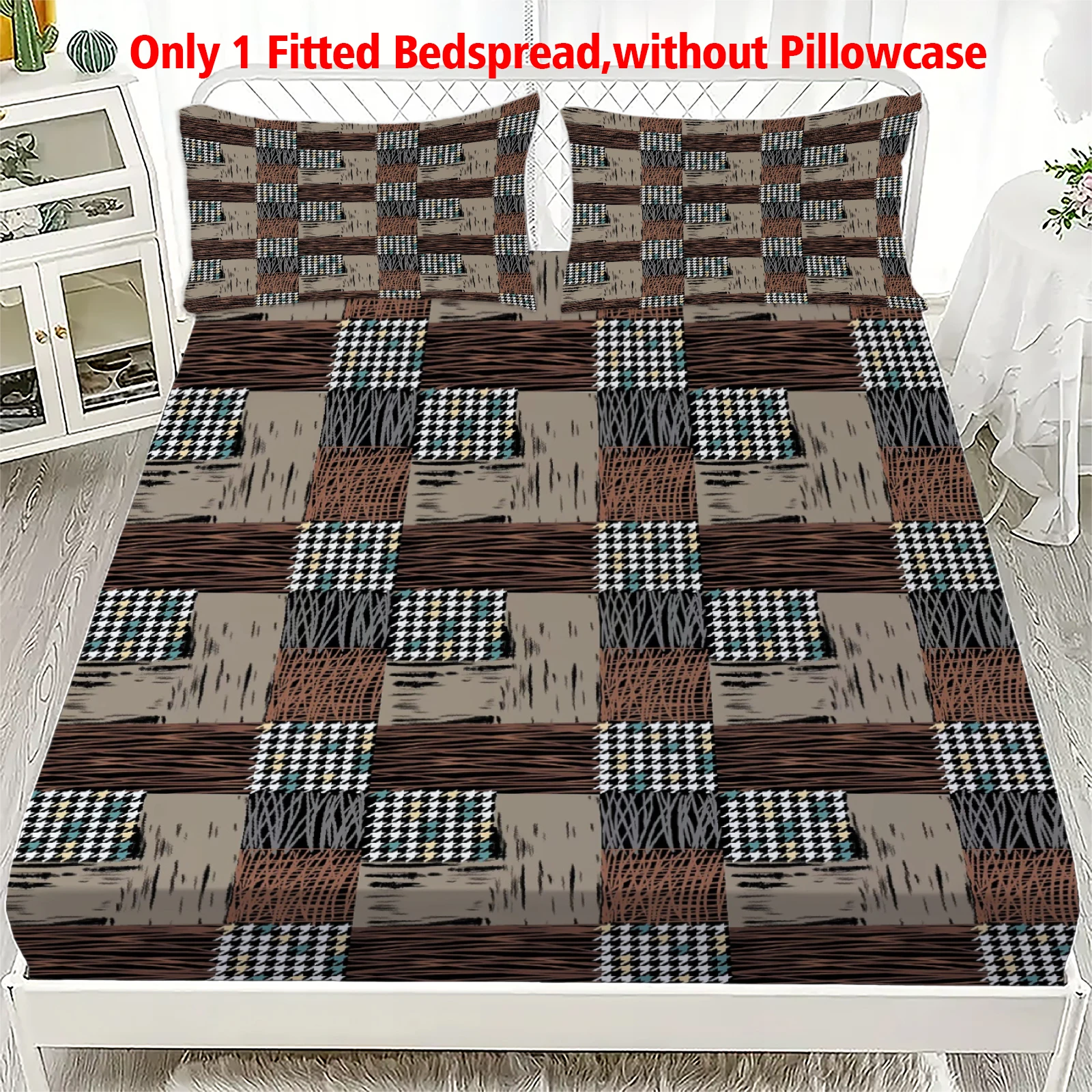 1pc Vintage Patchwork Plaid Fitted Bedspread Deep Pocket Elastic Mattress Cover Single Double Queen King Bedroom Decor