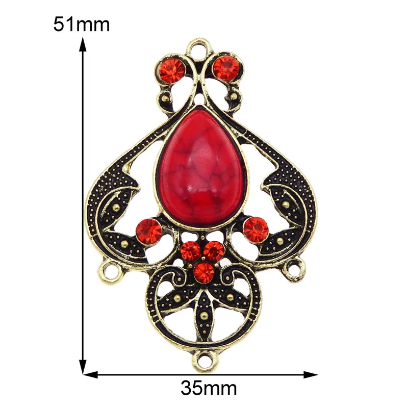 Wholesale 4pcs Antique Bronze Alloy Red Imitation Stone Charms Pendant Jewelry Findings Connector 46*35*8mm For Necklace