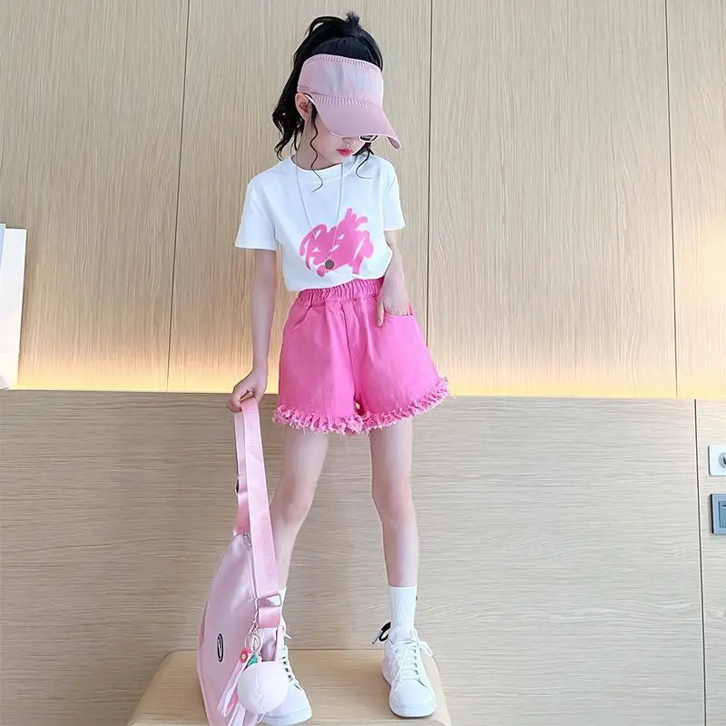 Girls' Summer Set Fashion New Children's Casual Short sleeved T-shirt+Cowboy Shorts 2-piece Set