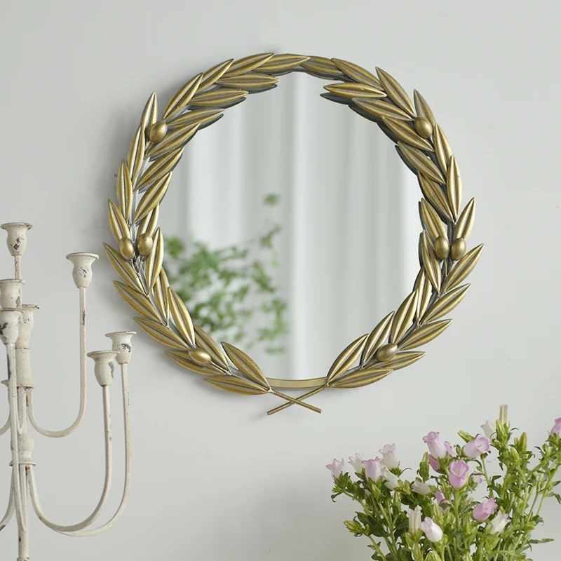 YY European Style French Country Style Golden Iron Vintage Olive Branch Wall Mirror Decorative Mirror