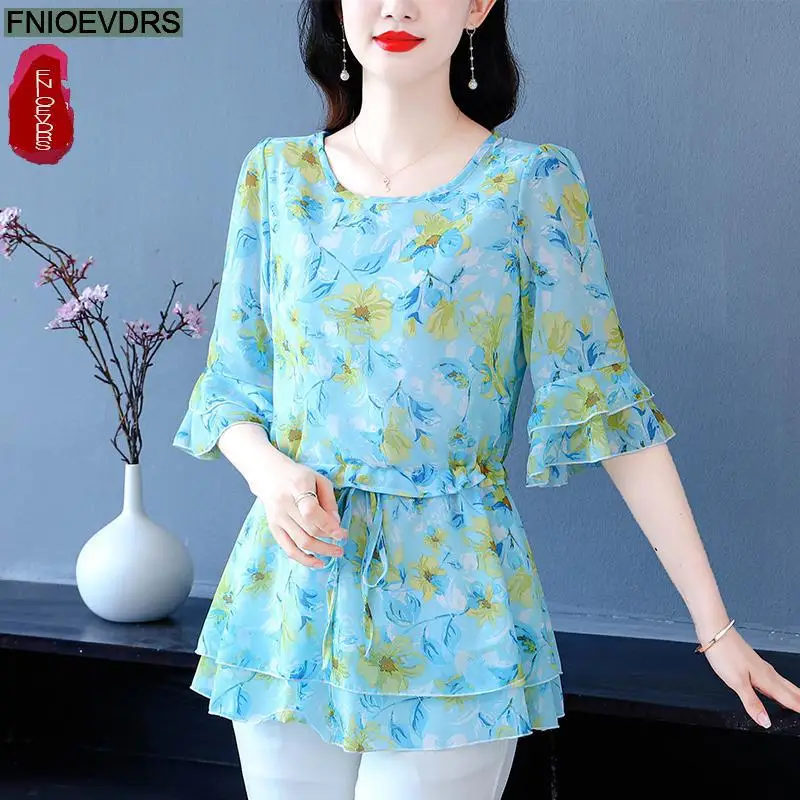 S-4XL Loose Clothes 2023 Women Summer Slim Waist Drawstring Ruffles Shirts Casual Chiffon Floral Tunic Peplum Tops And Blouses