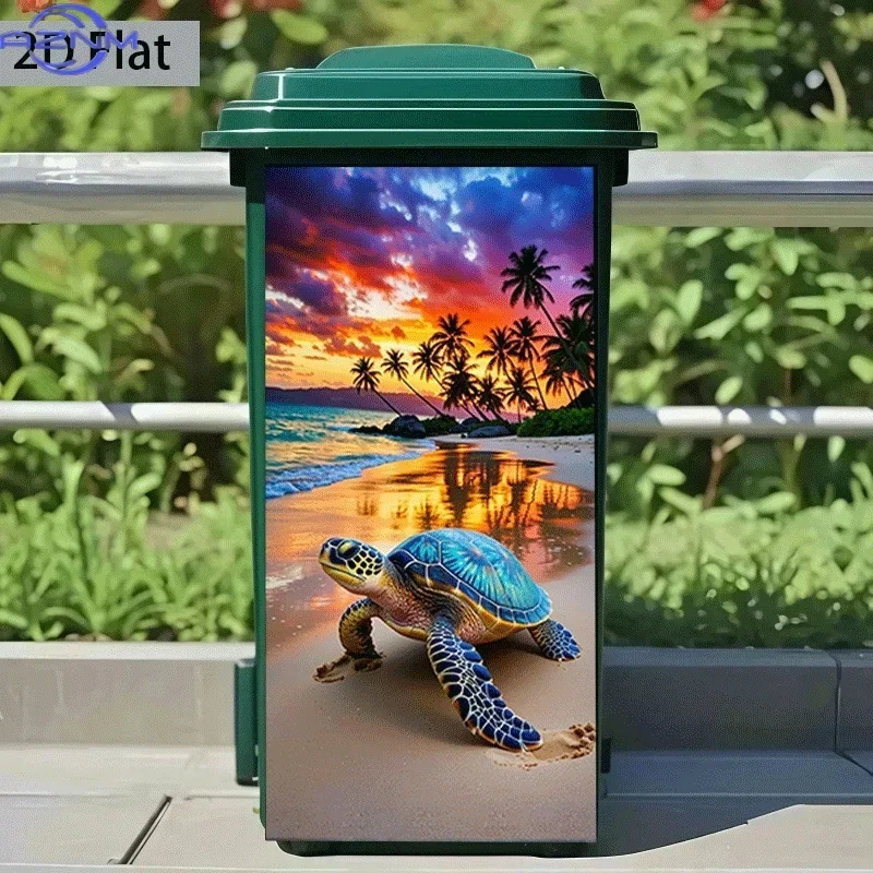 2D 1PCTrash Can Sticker Sea Turtle Riding Waves Back to Nest Themed Design Self-Adhesive Wall Decal Wallpaper Kitchen Trash Ca