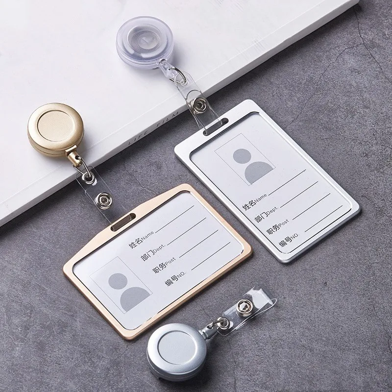 1 Set Aluminum Alloy Card Holder with ABS Retractable Badge Reel Pull ID Card Badge Holder Nurse Badge Lanyards School Supplies