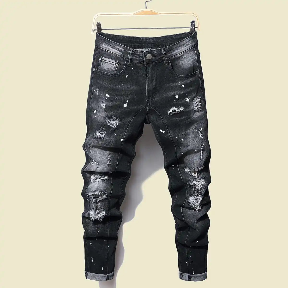

Men Black Skinny Denim Spot Jeans Male Ripped Stretch Fit Jeans Men Slim Trousers Fit Long Jeans Pants Streetwear Casual Jeans