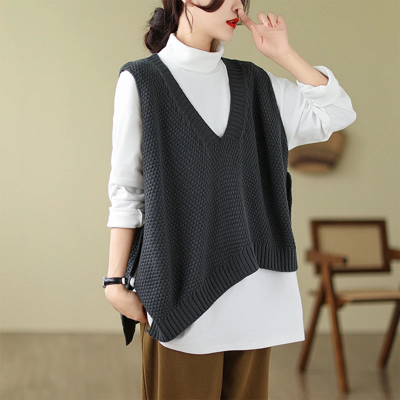 เสื้อกั๊กไหมพรมถักแบบหลวมสบายสำหรับผู้หญิง คอวี ไซส์ใหญ่ แฟชั่นฤดูใบไม้ร่วงและฤดูหนาว สวมใส่สบาย ระบายอากาศได้ดี หลากสี