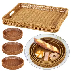 Food Plate Handwoven Plastic Rattan Storage Tray Round Shape Fruit Vegetable Cake Imitation Wicker Rattan Threads Basket