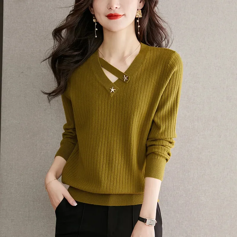 Spring Autumn Short Casual Sweater 2024 New V-Neck Loose Women's Clothes Pullover Top Solid Colour Fashion Knitwear Female