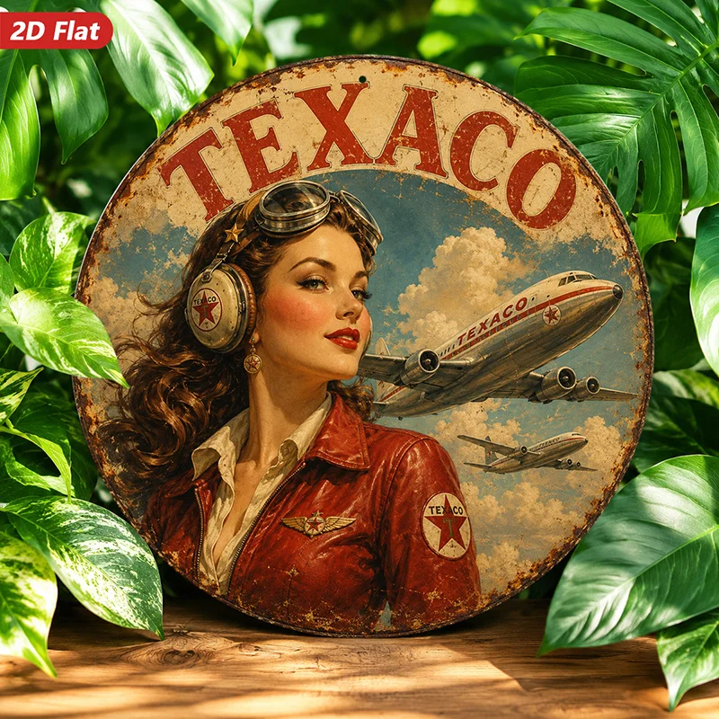 2D Flat, 1pc Round Metal Sign Wall Art, Vintage Aviation-Themed Decorative Painting, Texaco Logo, Retro Style, Home Decor, Ideal