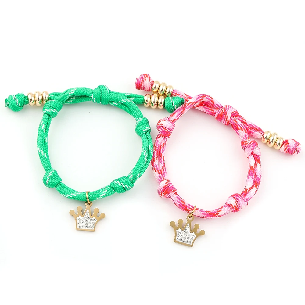 

Full Rhinestones Crown Bracelet for Women Stainless Steel Pendant Amulet Pink Green Adjustable Knot Rope Hand Chain Jewelry Gift