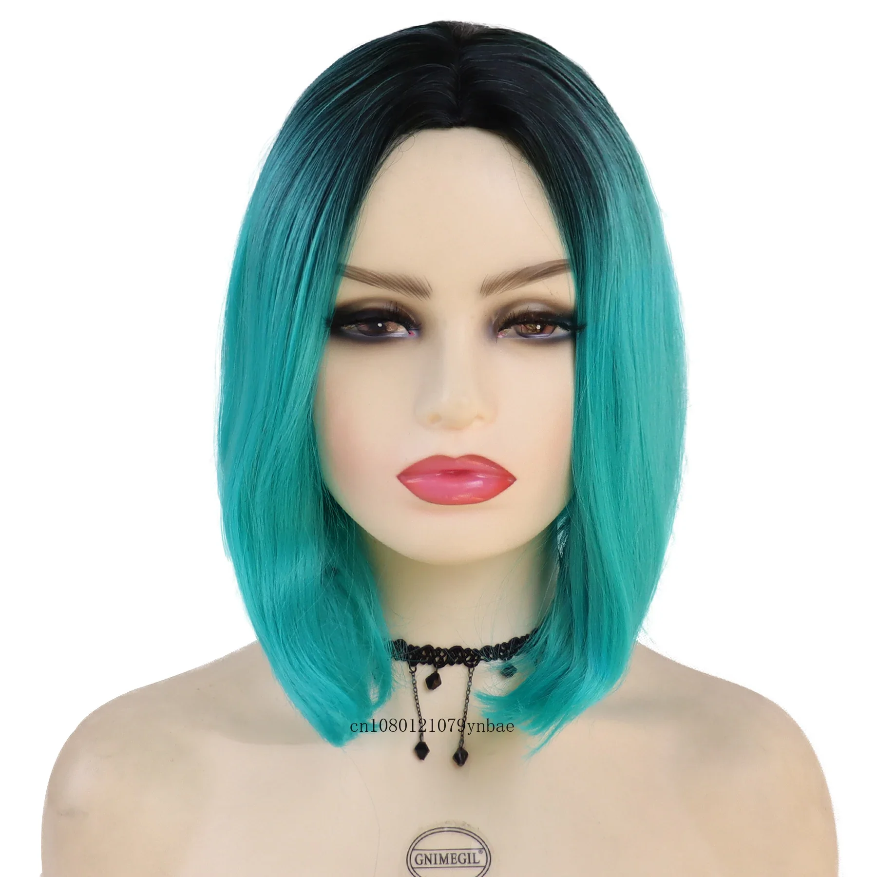 Ombre Cyan Cosplay Lolita Wigs Synthetic Bob Dark Root Wigs for Women Lady Natural Looking Halloween Daily Party Costume Use