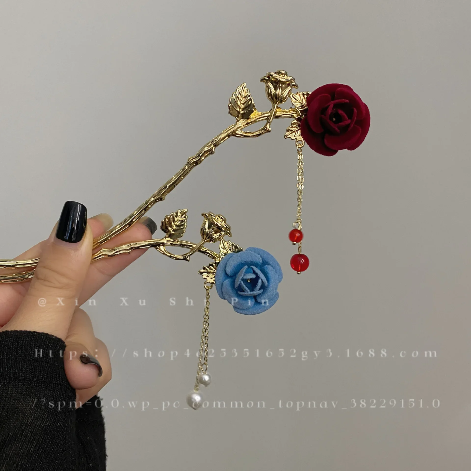 Chinese Flocked Rose Hairpin Ancient Exquisite Tassel Hairpin High Level Retro Hair Stick Bride's Pan Hair Headwear