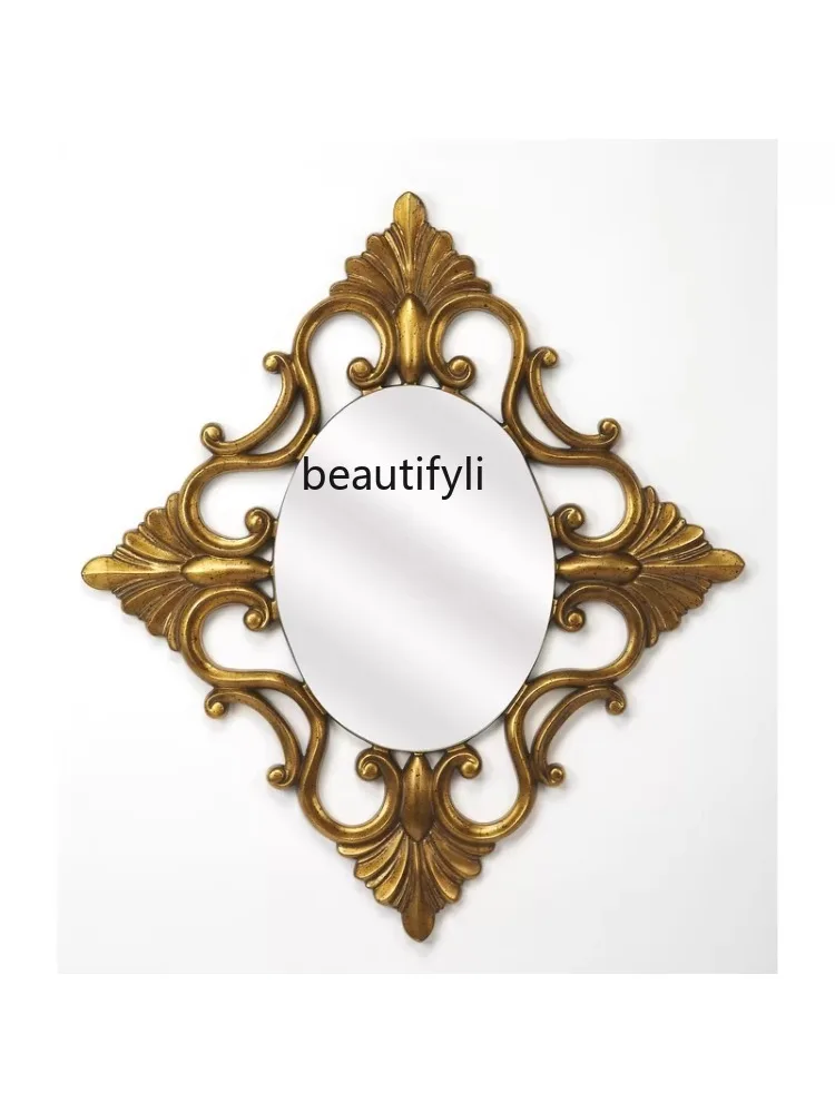 Background wall decorative mirror porch wall dining side mirror classical retro light luxury carved mirror