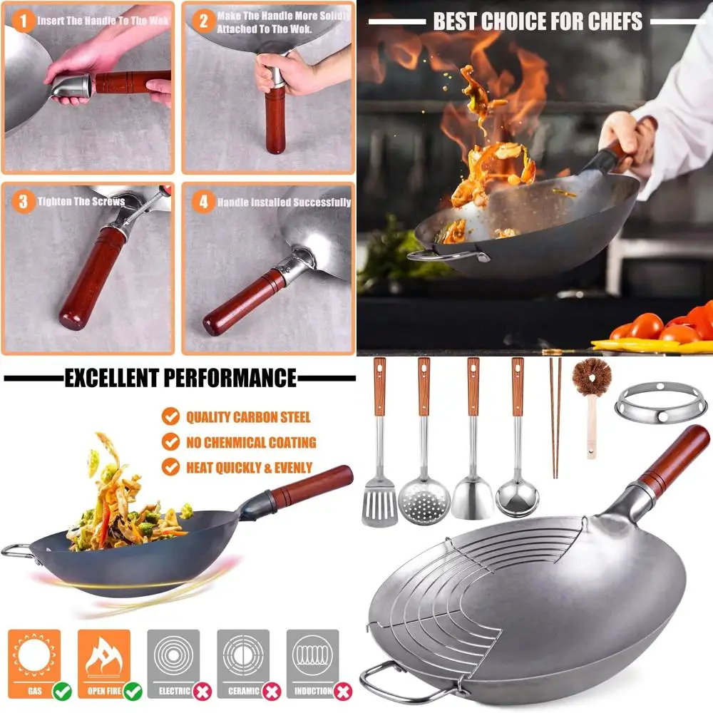 

Handcrafted 13.4 Traditional Chinese Carbon Steel Wok with 8-Piece Cookware Set