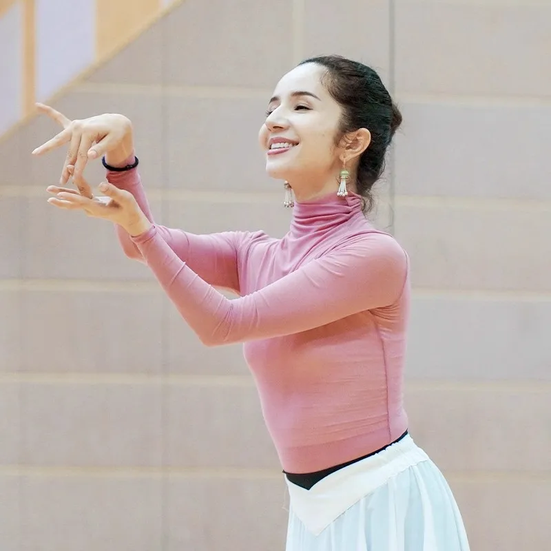Robe d'entraînement de danse en fil de maille, col haut, manches longues, hauts de Ballet de danse classique, vêtements de danse folklorique chinoise, vêtements de scène