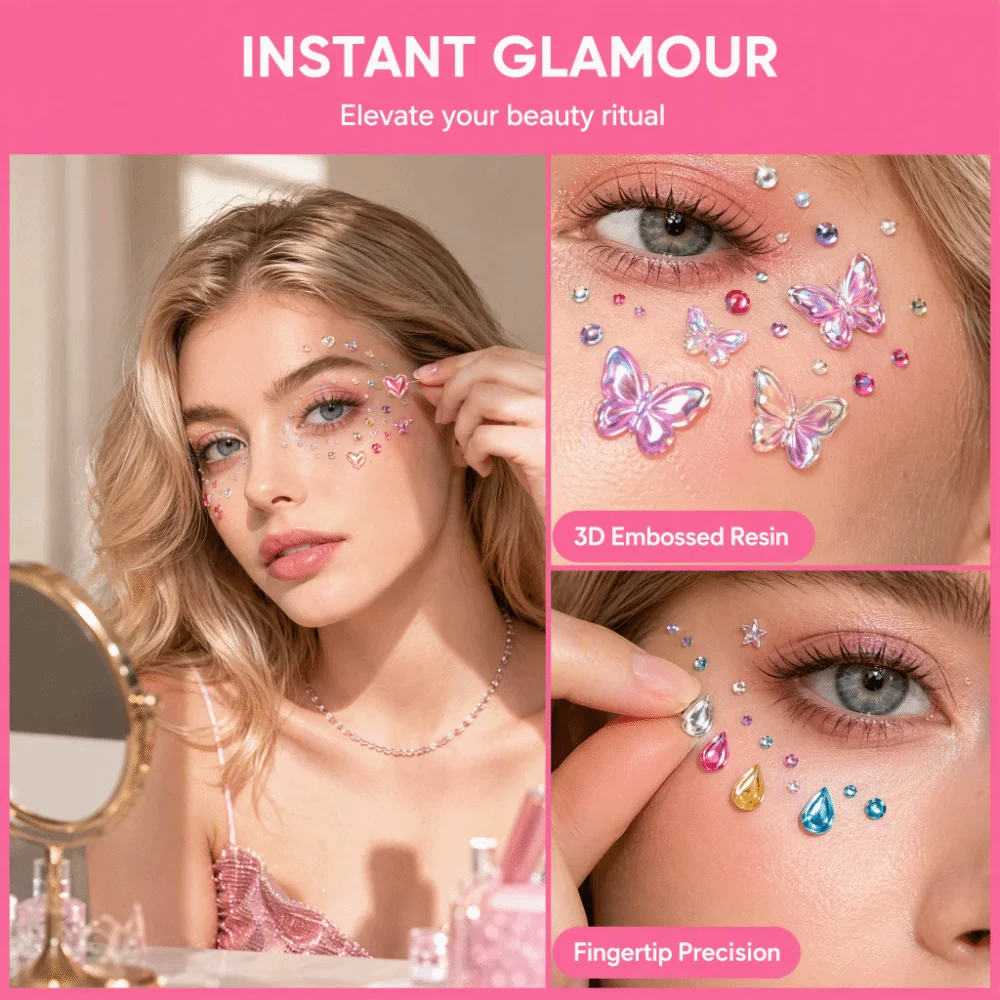 with Adhesive Backing Bedazzling Sticker Makeup 3D Resin Face Eye Jewels Sticker Waterproof DIY Crystal Gem Sticker