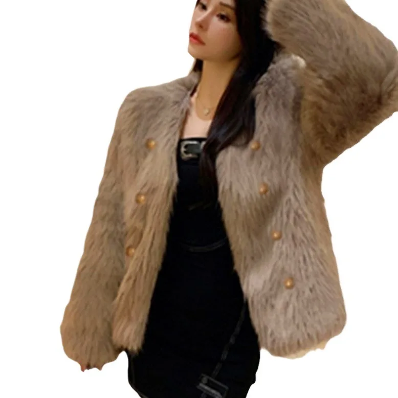 Damskie płaszcze ze sztucznego futra lisa, krótkie kurtki futrzane, zapinane na guziki, z okrągłym dekoltem, długi rękaw, luźny krój, grube, ciepłe futro, styl casual, jesień-zima 2025