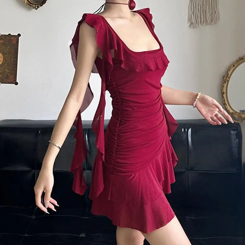

Evening Party Dress Square Collar Dress Manual Measurement Deviation Solid Color Pattern Elegant Fashion Style