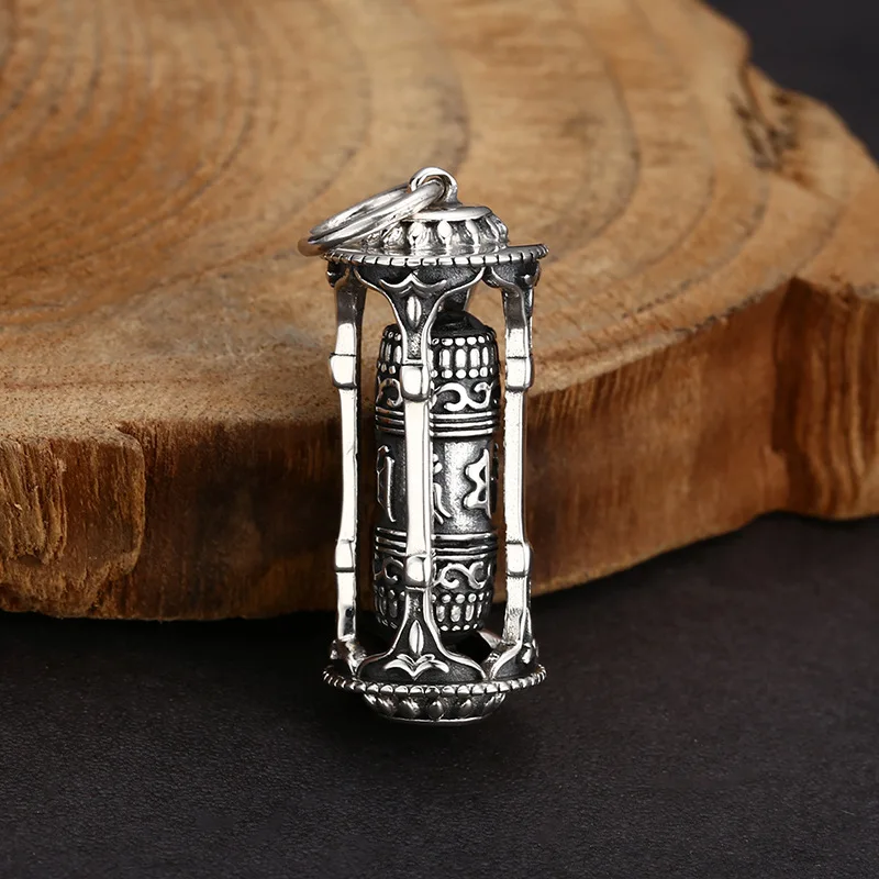 S925 Sterling Silver Six Words Pendant Black Color Old Process Rotatable Prayer Wheel Unisex Fine Jewelry FYNE344