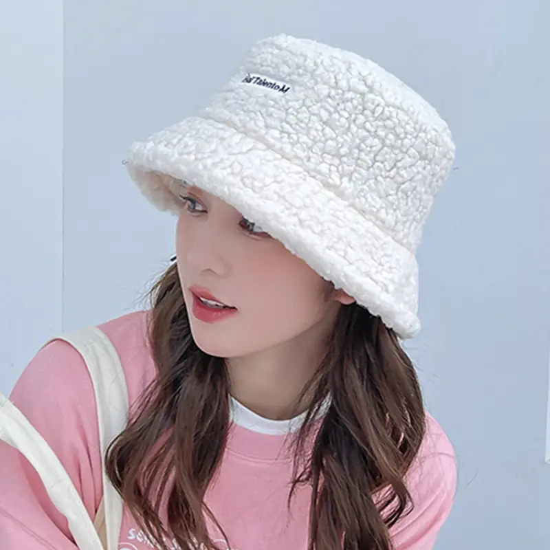 Winter Girl Boy Bucket Hat Cute Lamb Wool Letter Kids Fisherman Hat Solid Flat Top Hats Children Outdoor Thick Warm Sun Cap