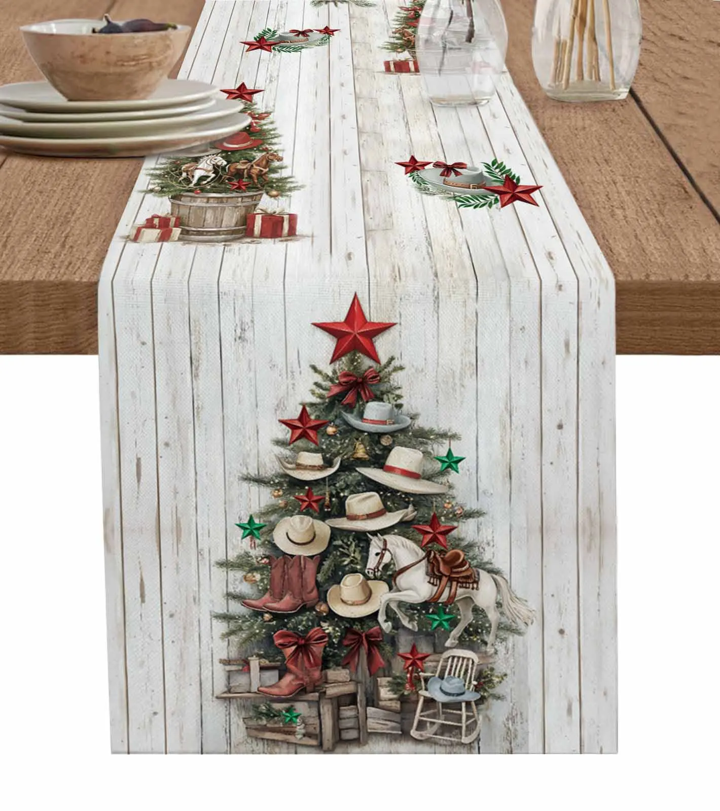 Christmas Tree Western Farm Table Runner Cotton Linen Wedding Table Decor Tablecloth Kitchen Decor Table Runner