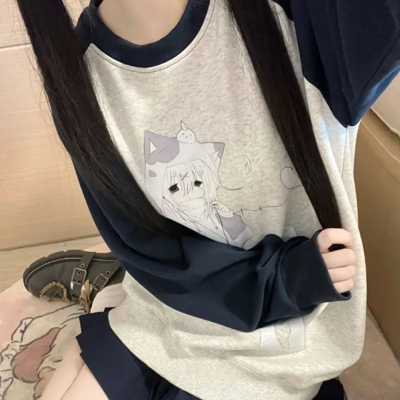 Black Gray Cute Women's Sweatshirts Anime Cartoon Kawaii Top Long Sleeve Y2k Harajuku Subculture Casual Spring Japanese Hoodies