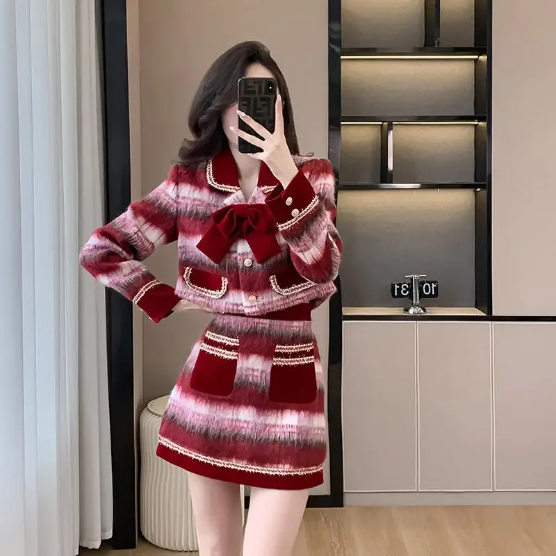 

Insozkdg 2024 New Arrivals Red Plaid Woolen Coat + Skirt Sets Women Autumn/Winter High-End New Year Outfit Office Lady Suit Set