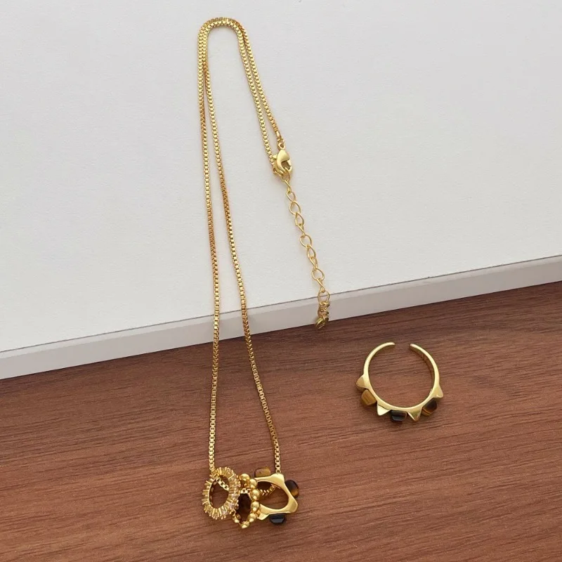Minar Light Luxury Natural Stone Tiger Eyes Round Circle Pendant Necklaces for Women Real Gold Plated Copper Box Chain Chokers