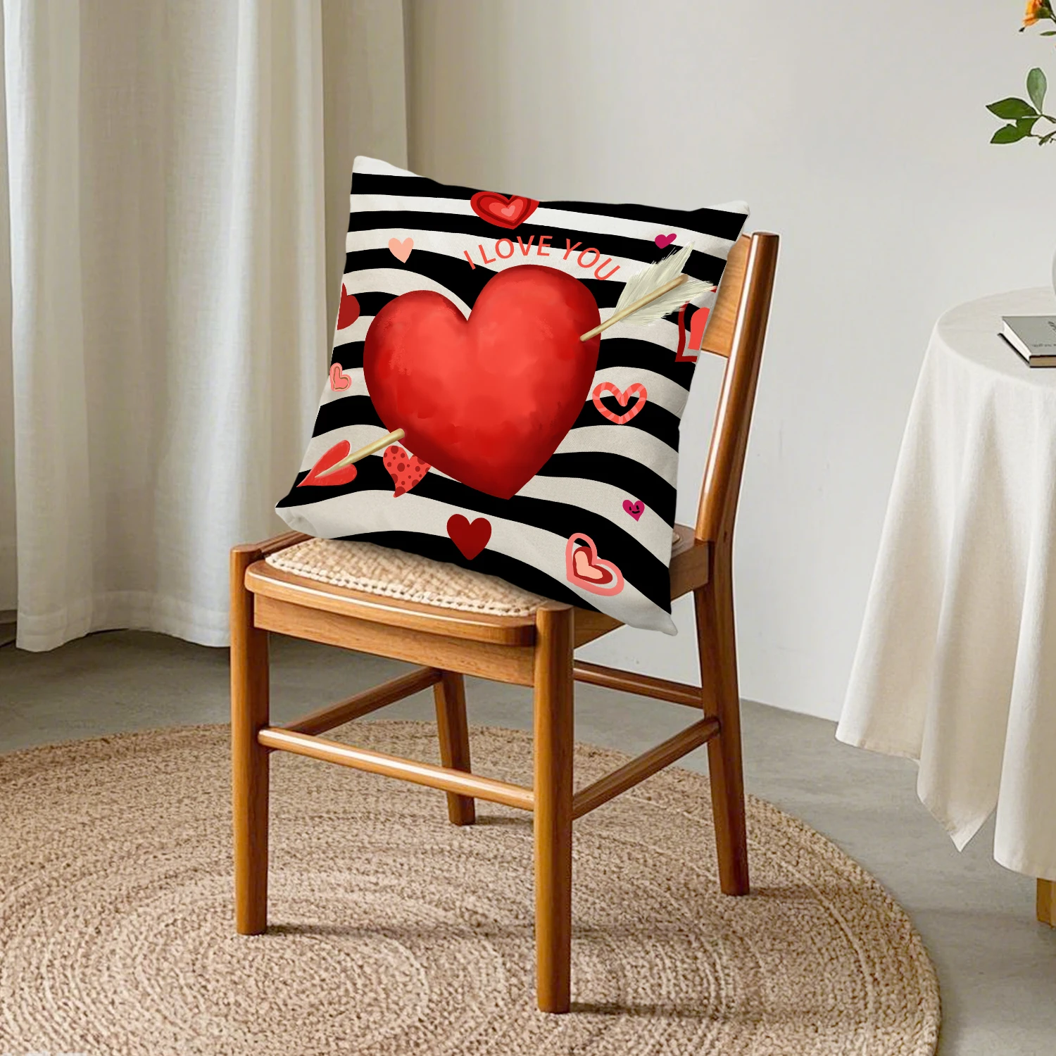 Heart Love Decorative Throw Pillow Cover Black White Striped Linen Cushion Case Romantic Valentine Home Decor Sofa Couch Bedroom