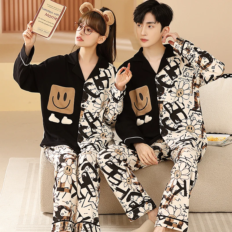 Two Pieces Couple Pajamas Sets For Men And Women Spring Printing Homewear Suit Pure Cotton Sleepwear Big  Male Female Nightwear