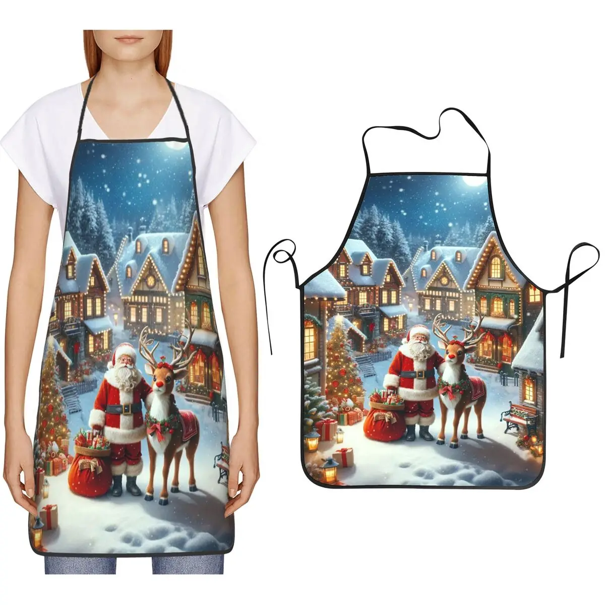 Christmas Santa Claus Snow Village Apron Chef Cooking Baking Tablier Bib Kitchen Cleaning Pinafore for Women Men Gardening