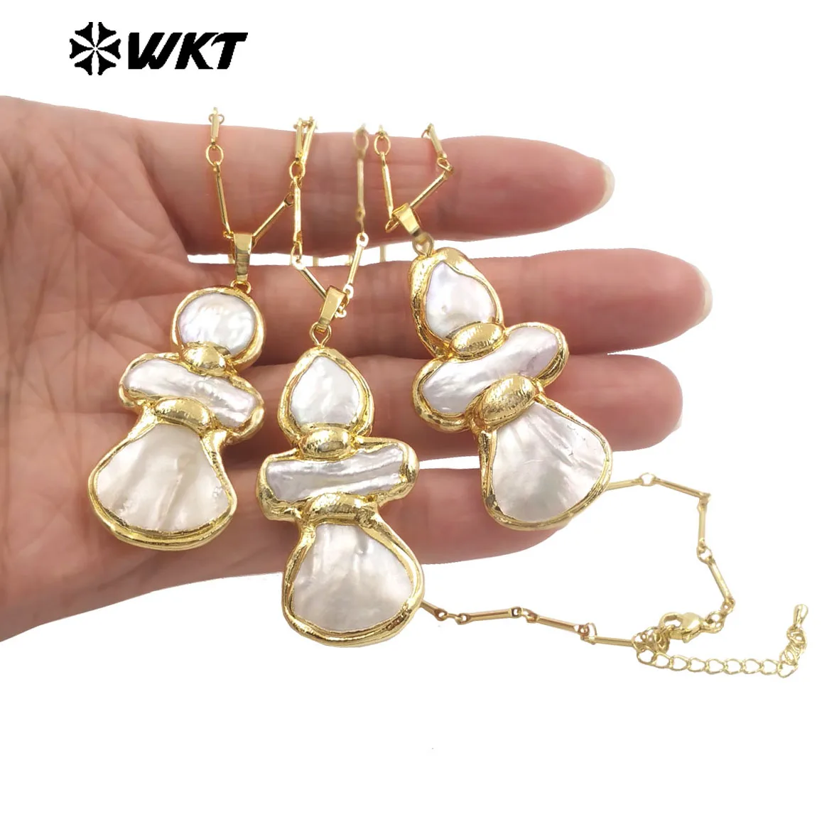 WT-JN344 Handmake Romantic Natural Freshwater Pearl Shell 18inch Gourd Shape Necklace With 18k Real Gold Plated  For Girls Jewel