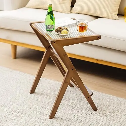 Rattan Side Table, Z-Shaped End Table with Tempered Glass Top, Magazine Rack, Boho Night Stand, Small Coffee Table