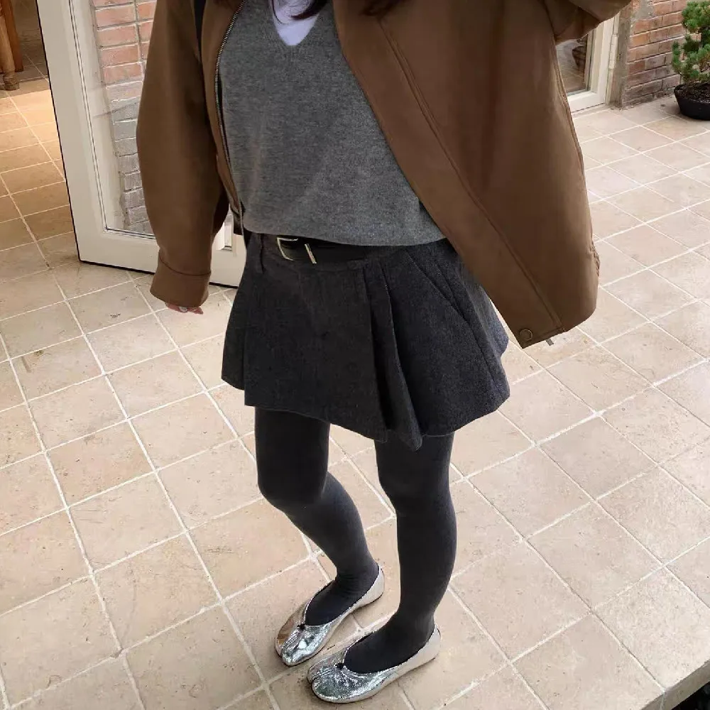 New Autumn Women Wave Striped Tweed Woolen Blends Mini Skirt The Spice Girls Ruched Front A-line Short Skirts with Shorts lining