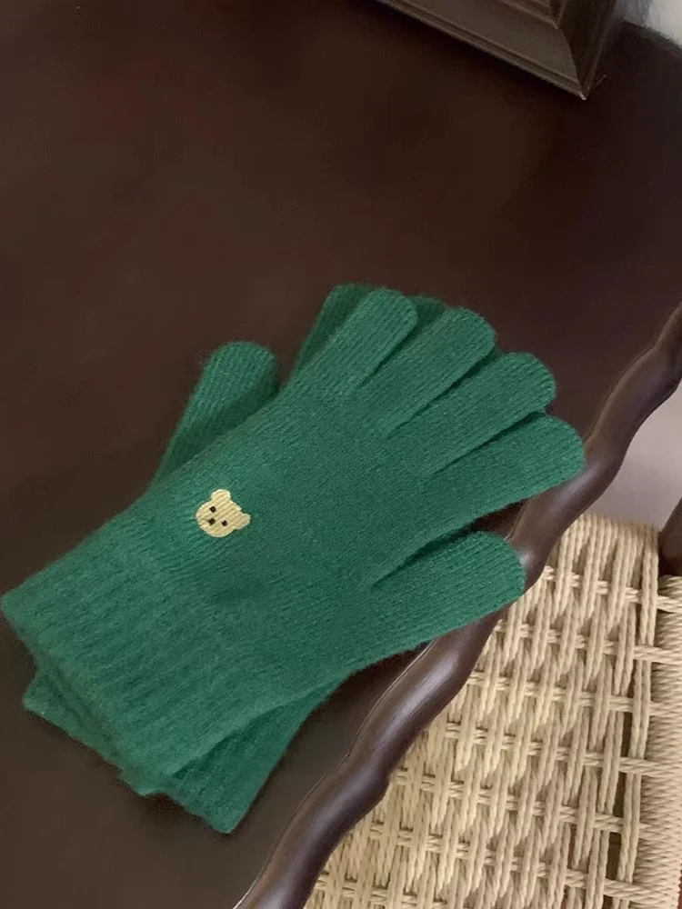 厚手のニット指なし手袋冬のクマの刺繍女の子サイクリング暖かい通気性のある柔らかいウサギの毛皮の手袋