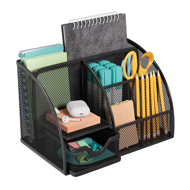 

Desktop Organizer, 6 Compartment Pen Holder And Organizer, 1 Drawer, Metal Grid Black Desktop Organizer
