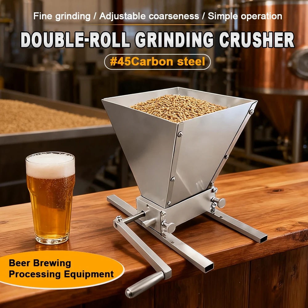 Homebrew Beer Brewing Malt Mill Double Roller Grain Crusher with Stainless Steel Hopper #45 Carbon Steel Adjustable Grinder