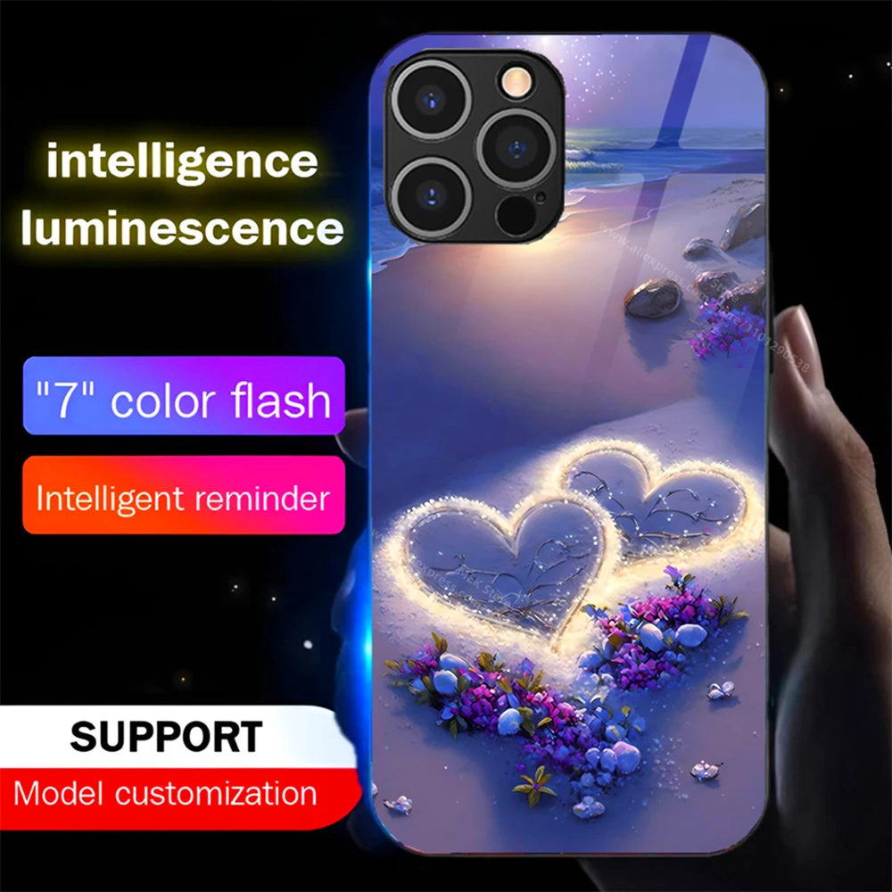 

Cute Beach Love Design Led Light Phone Case Call Flash Glitter Cover For iPhone 16 E 15 14 13 12 11 Pro Max X XS XR Plus SE
