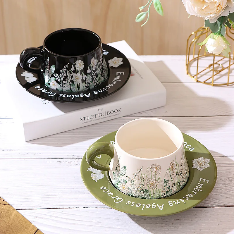 2 Piece Mug and Saucer Set, 10 oz Hand Painted Light Coffee Mug and Saucer, Suzuran Flower Tea Mug,Afternoon Tea Ceramic Mug Set