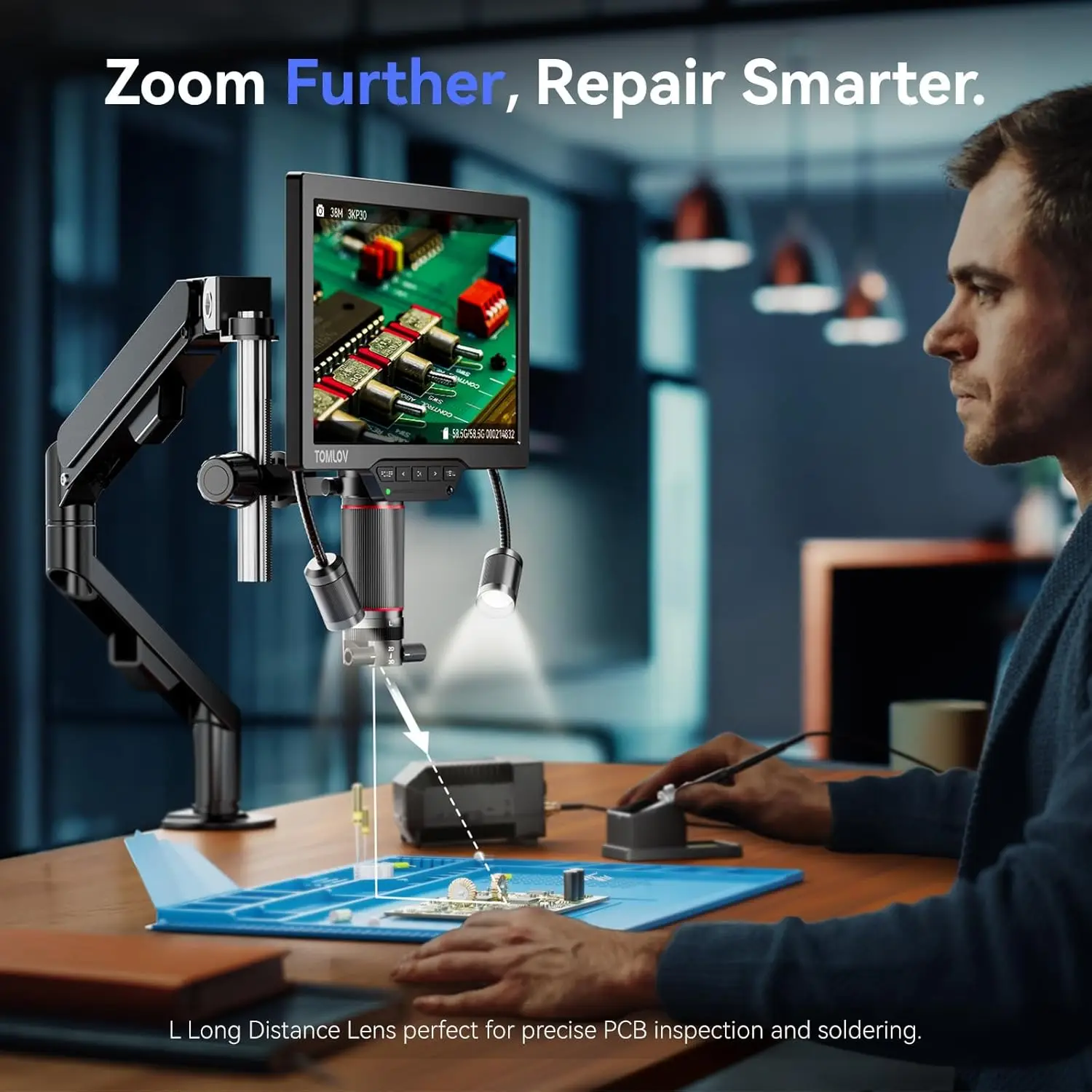 TOMLOV Mikroskop 3D TM3K-3D 7" 3K HDMI Elektronische Reparatur Microscopio Magnetische Dual Lens Flex Arm Ring Licht Löten Werkzeug