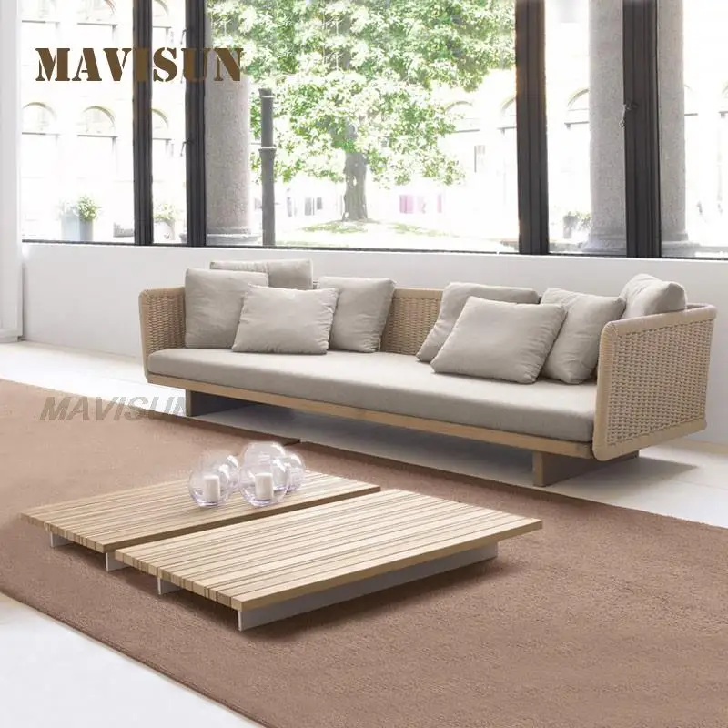 

Teak Frame Outdoor Sofa For Courtyard Braided Rope Rattan Solid Wood Nordic Open-Air Model Room Leisure Chair Hotel Furniture